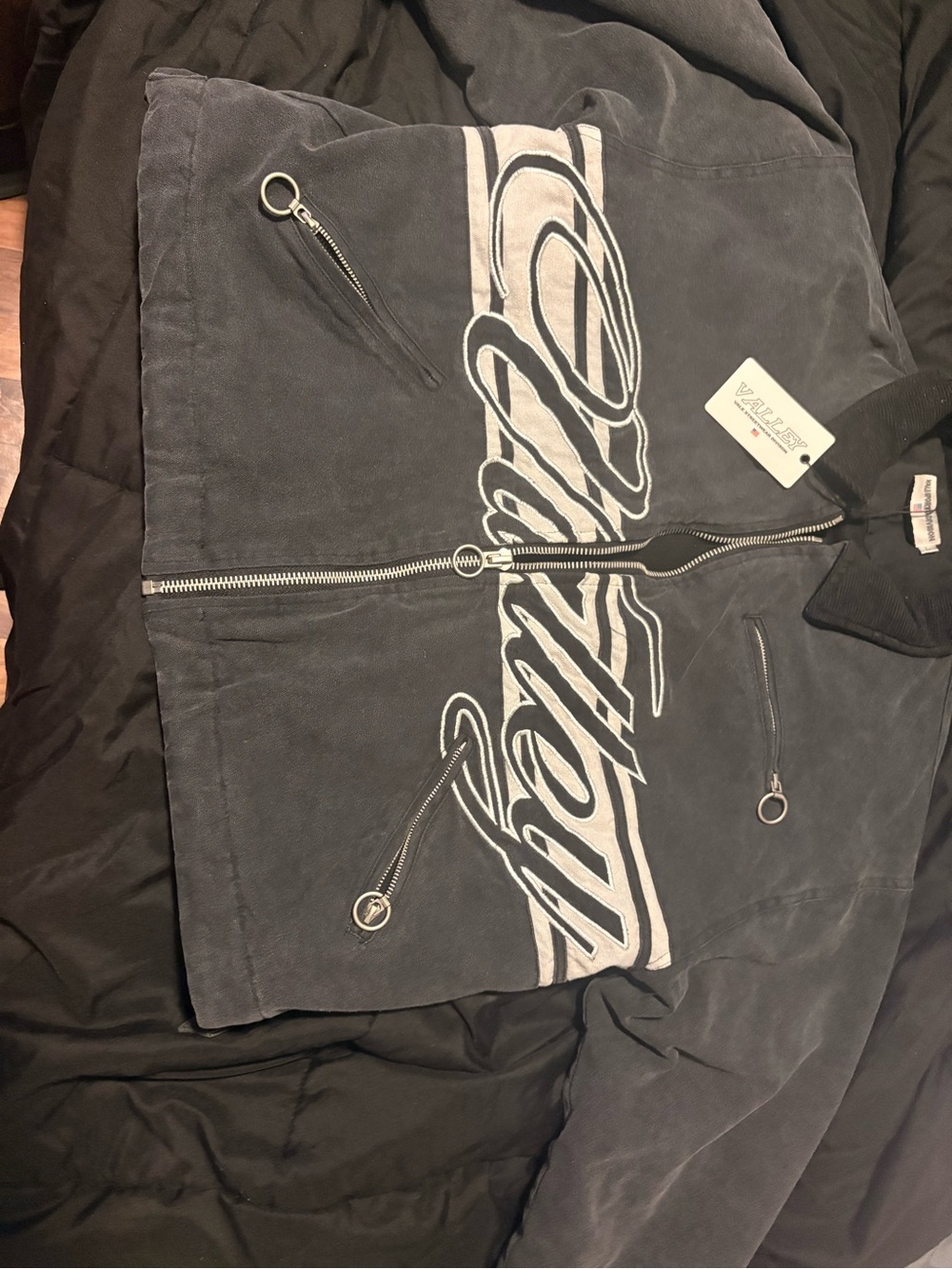 Waxed Black Varsity Bomber Jacket - Script Logo